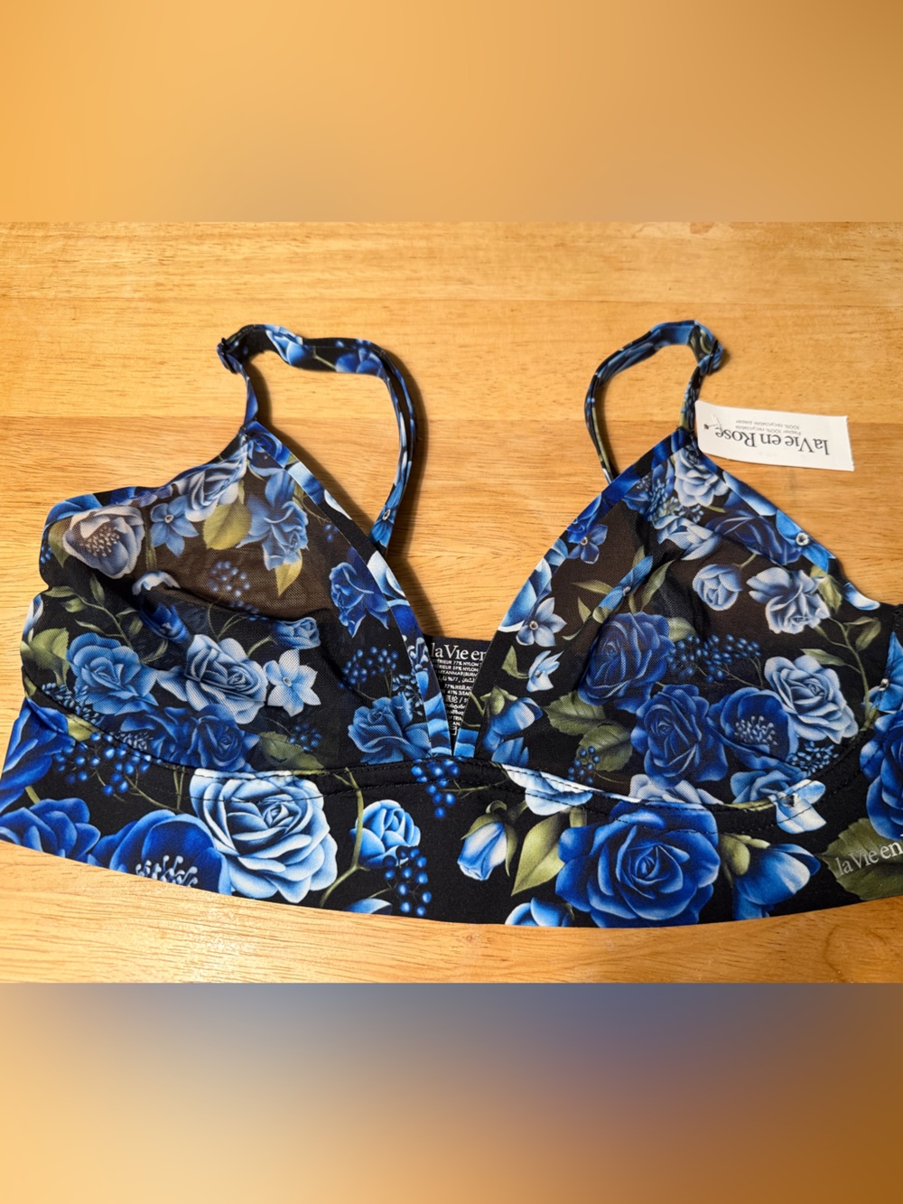 La Vie En Rose Blue & Black Rose Garden Size Medium Sheer Mesh Bralette NWT